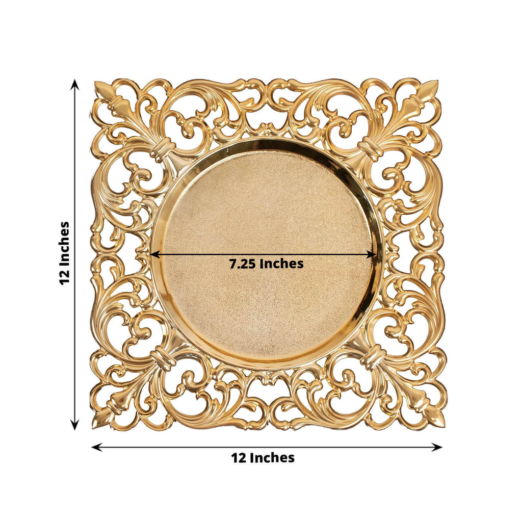 6-Pack Acrylic Charger Plates 12" Square Gold with Hollow Lace Border - Event Tabletop Decorative Charger Tableware